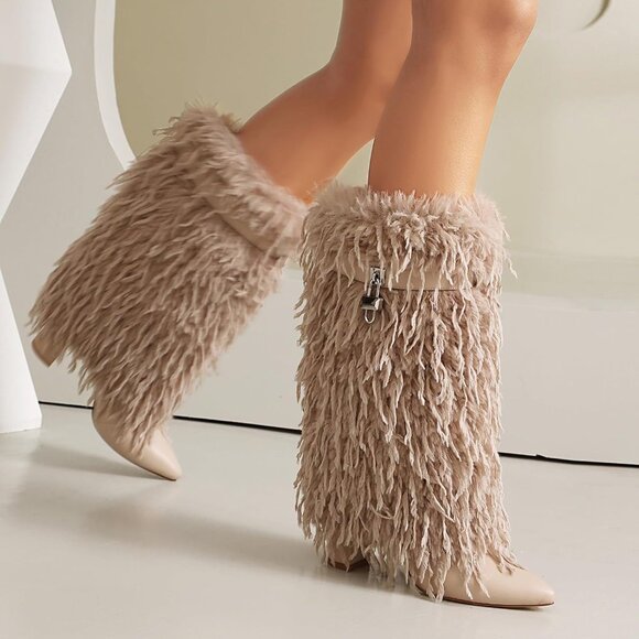 ⚡Women's Apricot Fold Over Faux Fur Mid Calf Boots Chunky Heel Point Toe - Picture 5 of 7